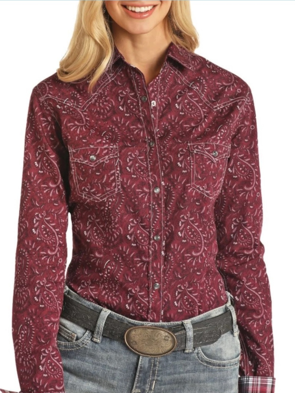 EUC Panhandle Slim Rough Stock Burgundy Retro Long Sleeve Western Snap Shirt